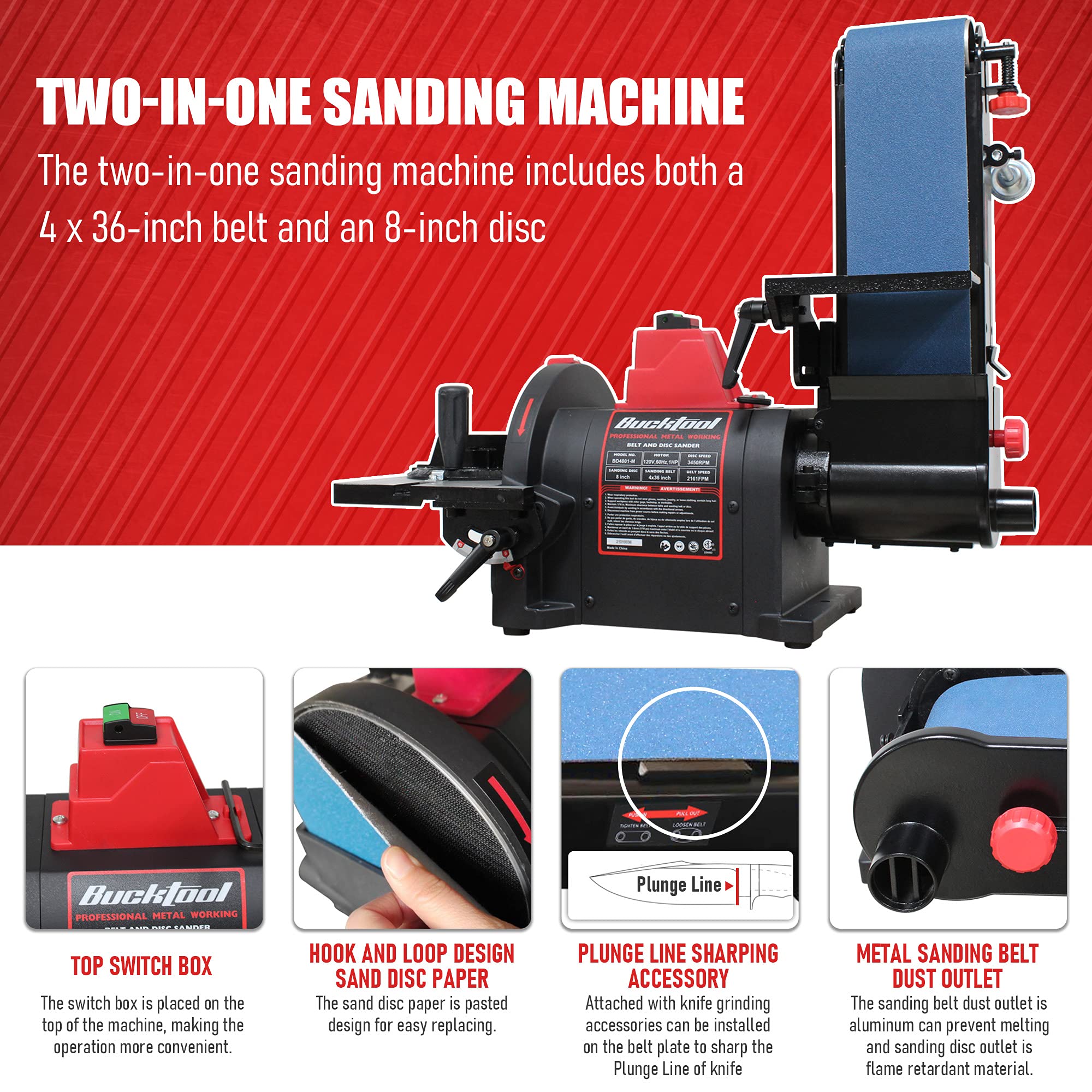 BUCKTOOL Professional Bench Belt Sander 1HP Direct Drive Motor - 4x36 inch Belt & 8 inch Disc for Metal Sanding & Woodworking - Heavy-Duty BD4801 M for Workshop & DIY Projects
