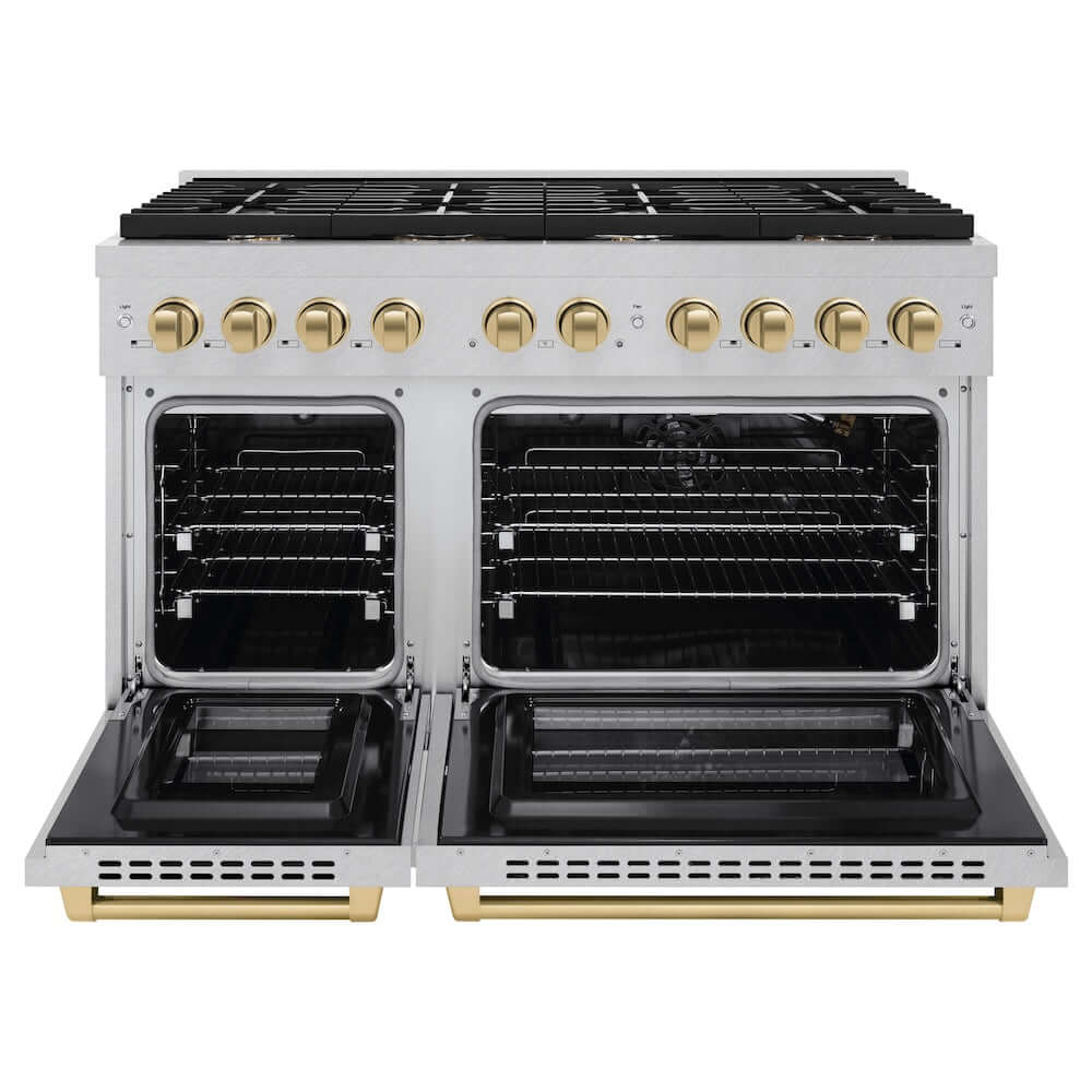 ZLINE Autograph Edition 48-inch 6.7 cu. ft. Paramount Double Oven Gas Range with 8-Burner Cooktop in Satin Stainless Steel & Champagne Bronze Accents - Perfect for Gourmet Cooking & Large Family Kitchens (SGRSZ 48 CB)