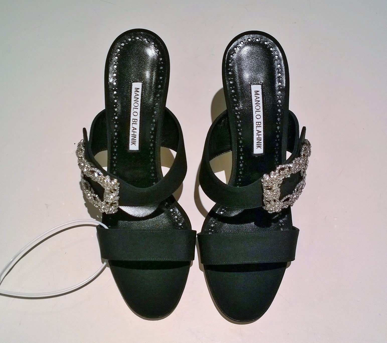 Manolo Blahnik Gable 90 Black Crepe Rhinestone Buckle Sandals - Women's Luxury Dressy Slide Sandals for Weddings, Parties & Evening Events
