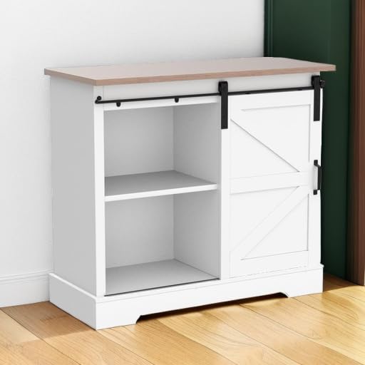 Sophia & William Farmhouse Coffee Bar Cabinet - Kitchen Buffet Storage with Sliding Barn Door, Ivory White - Perfect for Dining Room, Living Room & Home Bar Decor