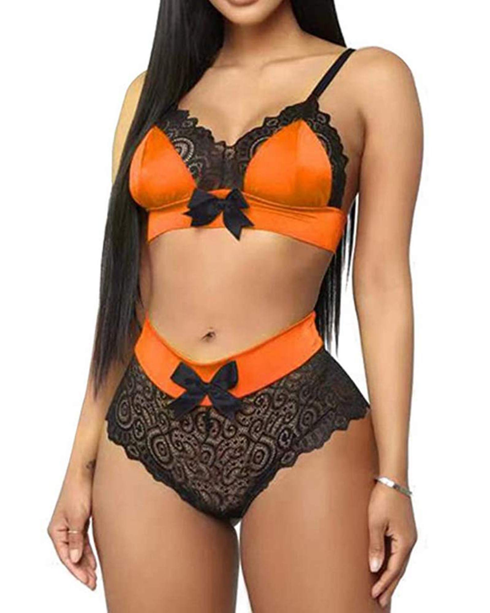 Springcmy Women's Sexy Lace Lingerie Set - Sheer Floral Bowknot Sling Bra & Panty Set for Valentine's Day, Honeymoon & Romantic Nights