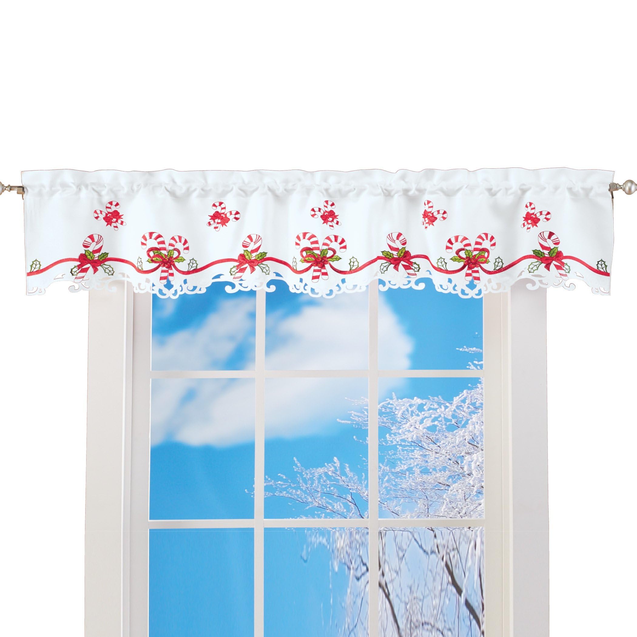 Embroidered Candy Cane Window Curtains with Rod Pocket - Festive Holiday Home Decor for Living Room, Bedroom & Kitchen | Christmas Winter Seasonal Decorations