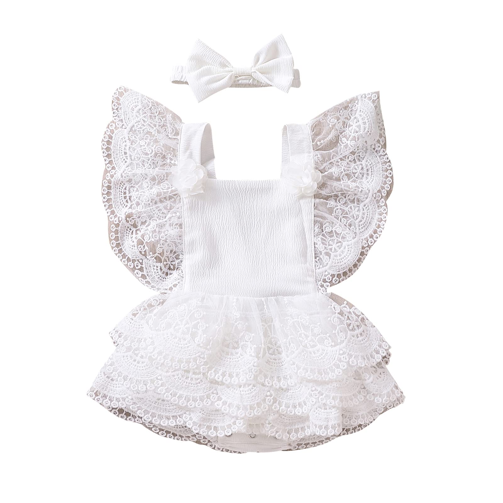 Boho Lace Romper Dress for Newborn Baby Girls - Floral Embroidered Ruffle Princess Outfit | Perfect for Photoshoots, Christenings & Special Occasions