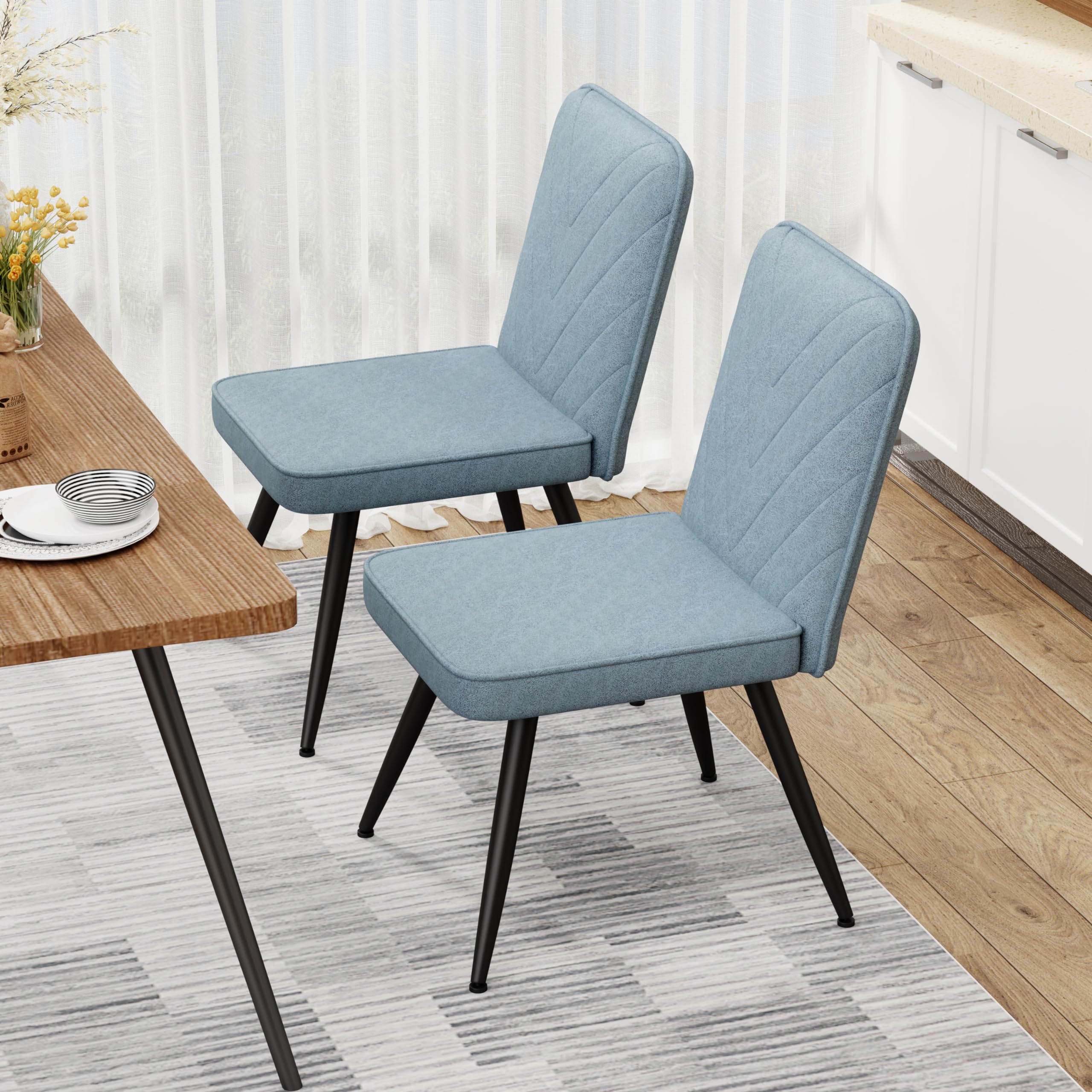 Modern Blue Fabric Armless Dining Chairs Set of 2 with Metal Legs - Perfect for Kitchen Tables, Home Desks, and Small Dining Rooms