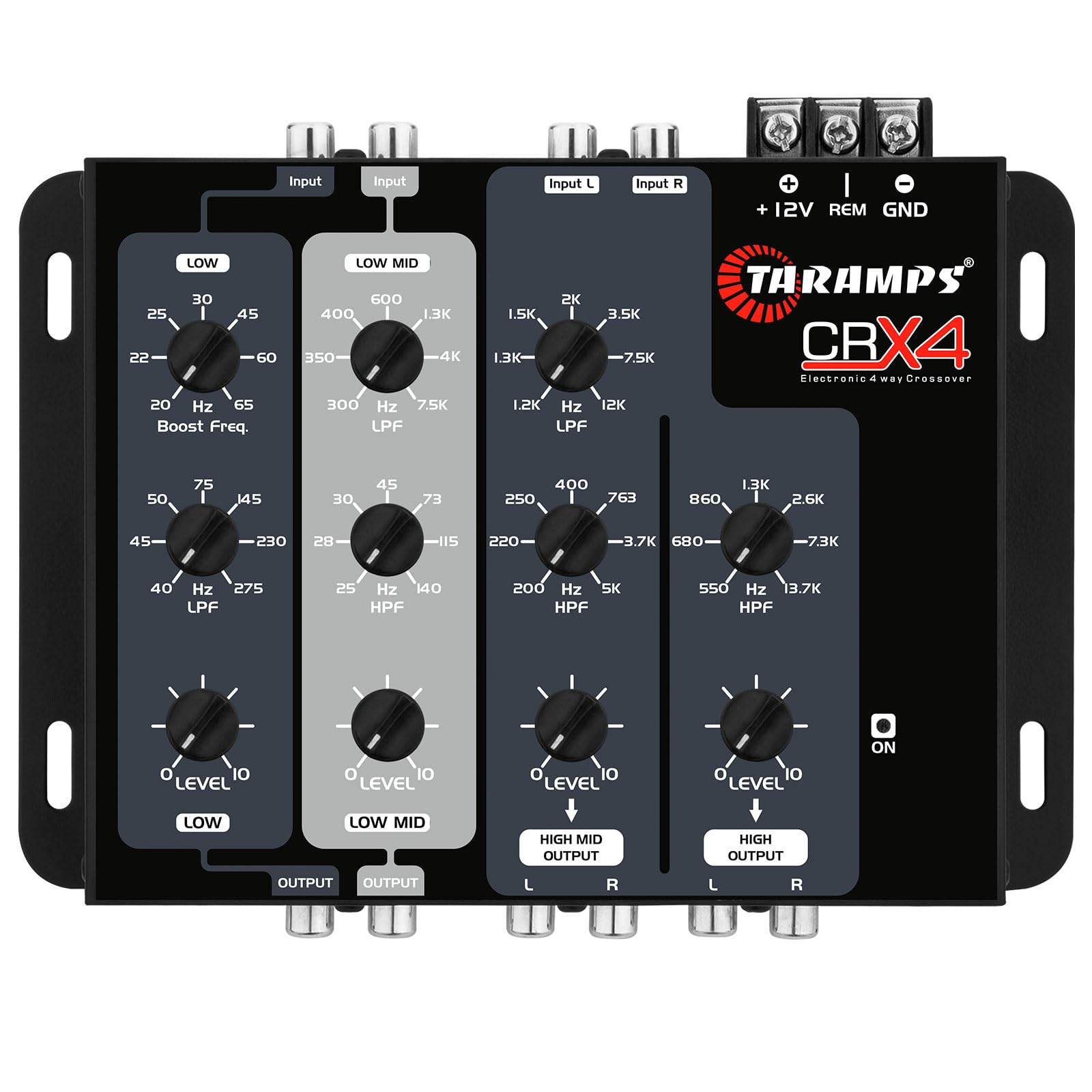Taramps Crx4 4-Way Electronic Crossover RCA Car Audio Processor - 8V RMS, Stereo Equalizer with Bass Boost | Compact Design for High/Low Frequency Control | Perfect for Car Audio Systems & Custom Installations