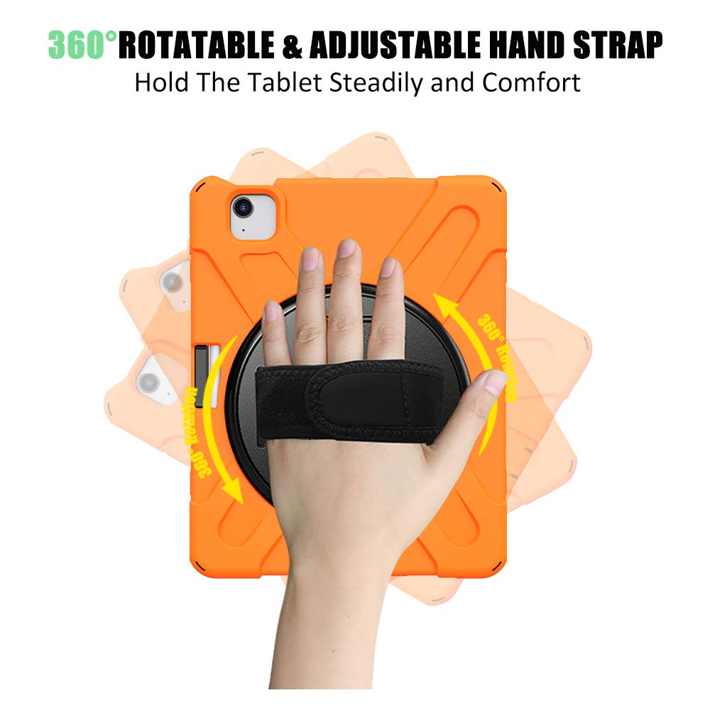 ZenRich iPad Air 5th/4th Generation Case - Shockproof Rugged Protective Cover with Pencil Holder, Stand & Adjustable Hand Strap for iPad Air 10.9 Inch (2022/2020 Model) - Perfect for Travel, Work & Outdoor Activities - Orange