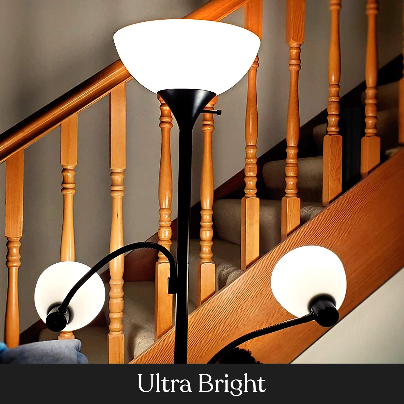 Brightech Sky Dome Double LED Floor Lamp - Super Bright Torchiere with 2 Adjustable Reading Lights, Dimmable Tall Standing Lamp for Living Room, Office & Bedroom - Black Modern Floor Light for Reading, Working & Relaxing