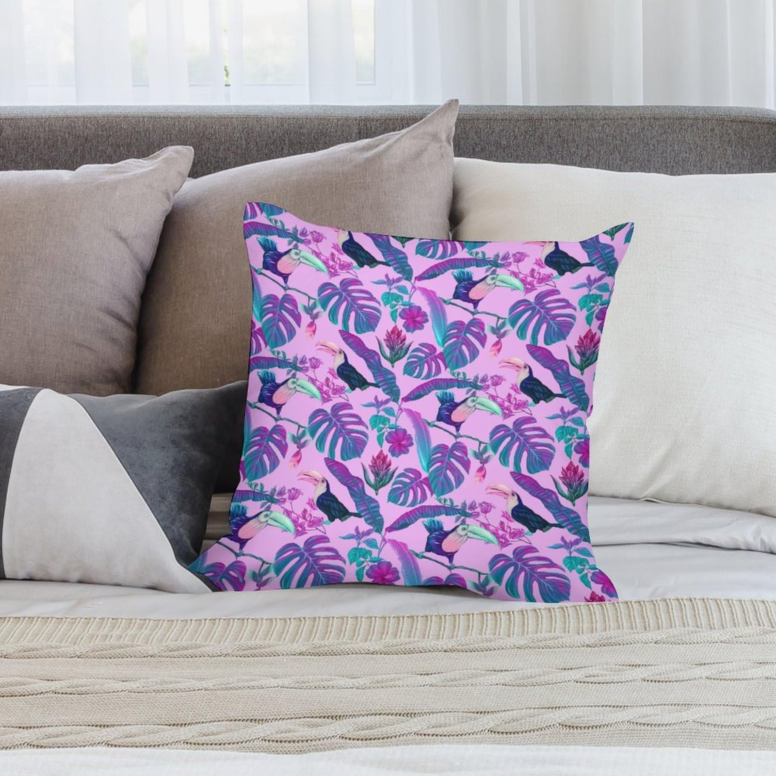 Soft Tropical Monstera & Toucan Plush Pillow Covers Set of 4 - 26x26 Inch Smooth Cushion Cases for Sofa, Bed, Living Room Decor | Perfect for Home, Nursery, Dorm & Gift