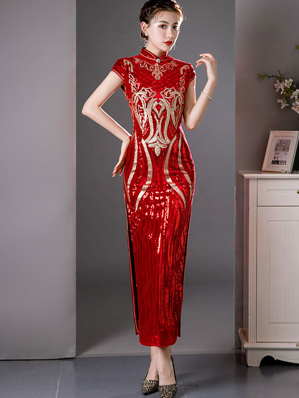 Elegant Purple Red Sequined Velvet Qi Pao Cheongsam Dress for Women | Traditional Chinese Embroidery Evening Gown | Perfect for Weddings, Parties, and Special Occasions