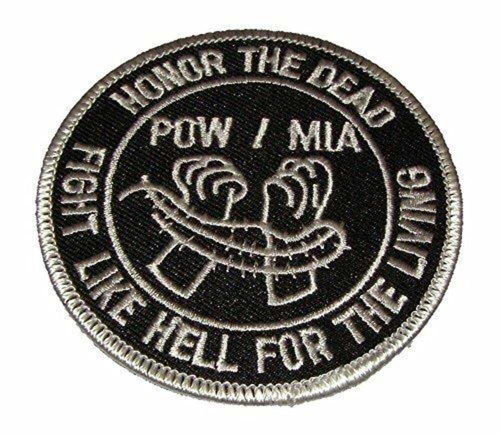 POW MIA Embroidered Patch - Honor The Dead Fight Like Hell for The Living - Black & White Iron-On/Sew-On Military Patch for Jackets, Hats, Backpacks - Perfect for Veterans, Bikers & Patriotic Apparel