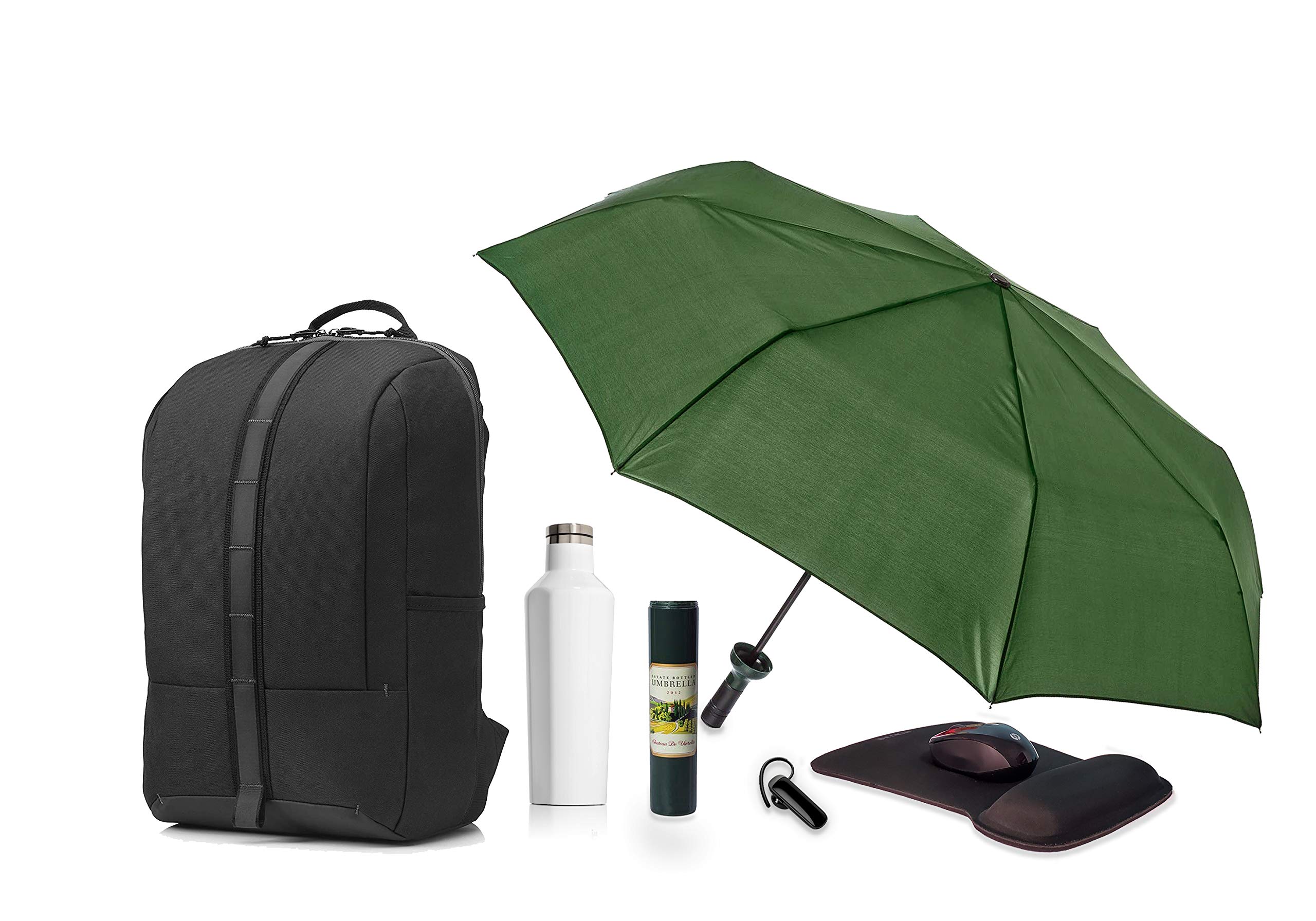 HP Commuter Backpack for Work & Travel - Includes Bluetooth Headset, Wireless Mouse, Gel Mouse Pad, 16oz Insulated Water Bottle & Umbrella in a Bottle | Perfect for Business Professionals, Students & Daily Commuters