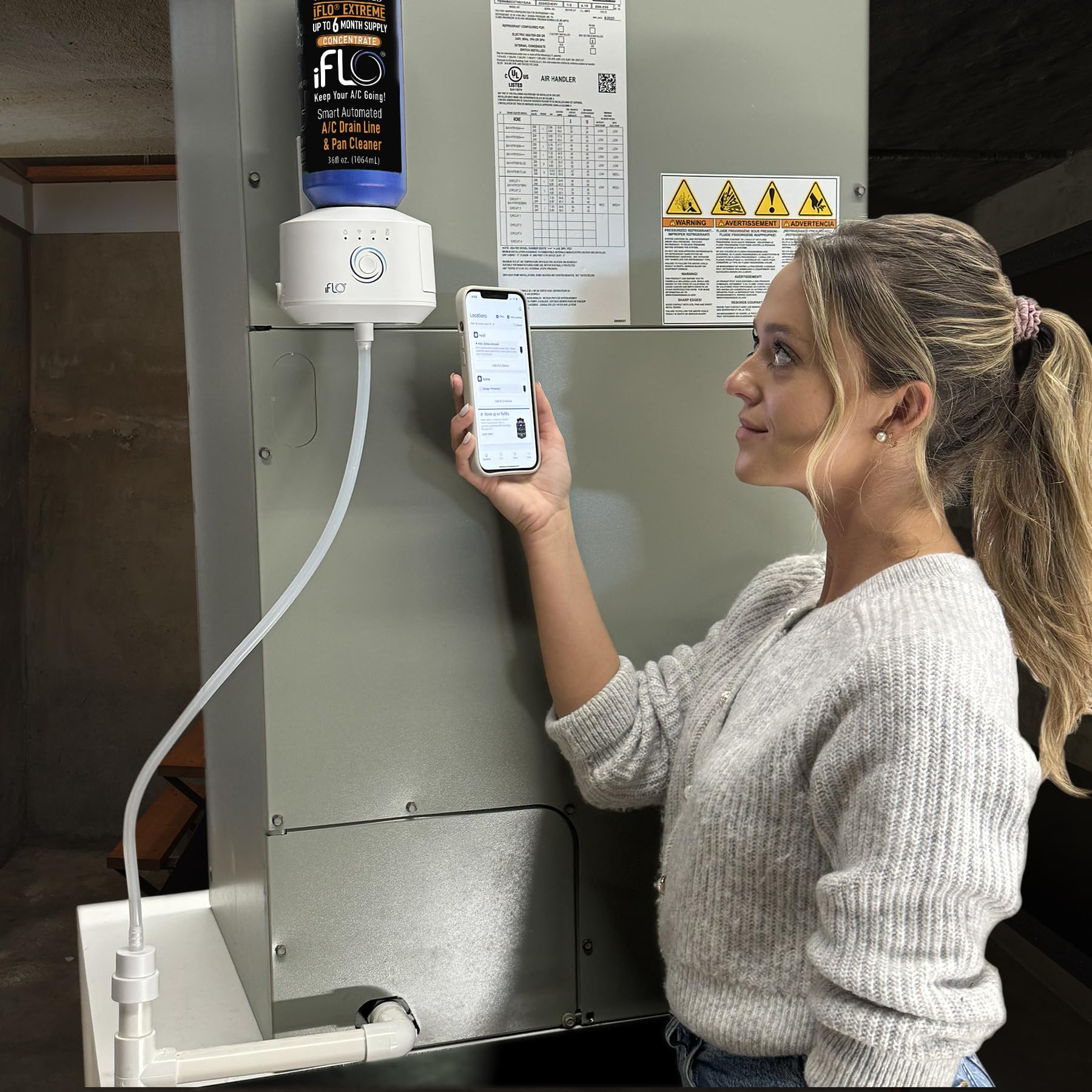 iFLO® Smart Automated A/C Drain Line Cleaner for HVAC System - Prevents Clogs, Easy Installation, App-Controlled Maintenance - Includes 36oz Cleaner Cartridge (6 Month Supply) - Perfect for Home & Commercial Air Conditioner Maintenance