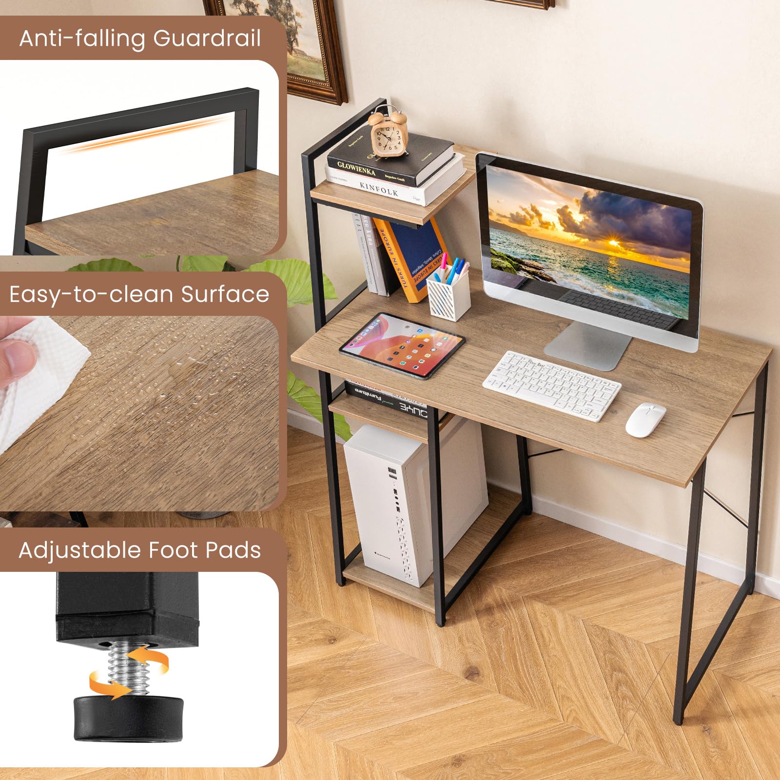 Tangkula Space Saving Computer Desk with 3-Tier Ladder Shelf - Modern Home Office Desk with Metal Frame, Compact Writing Study Table & Storage Bookshelf for Small Spaces (Natural) - Perfect for Home Office, Dorm Room, and Small Apartment Workspaces