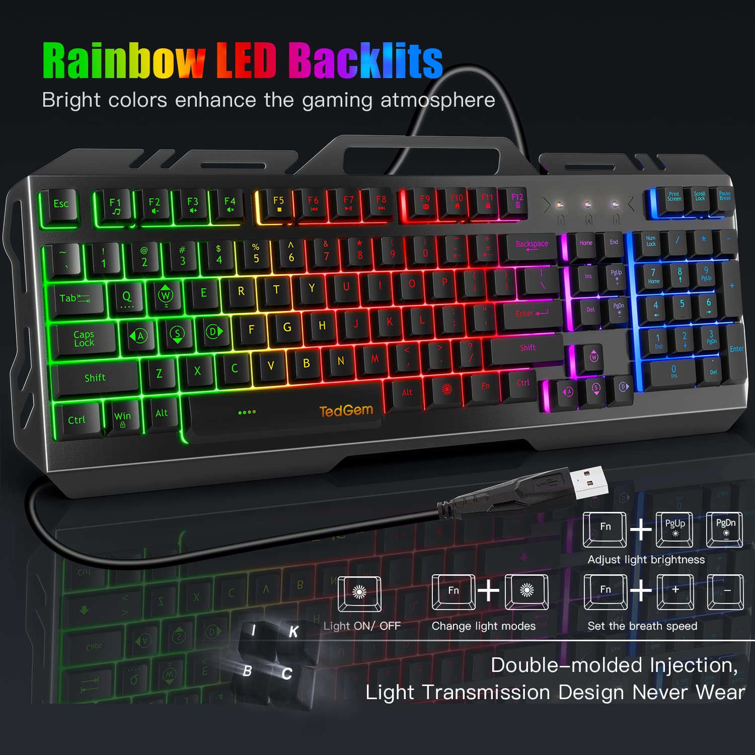 TedGem Wired Gaming Keyboard - All-Metal Panel, LED Backlit, Spill-Resistant, Designed for Windows Gamers, Perfect for Desktop Gaming and Office Use