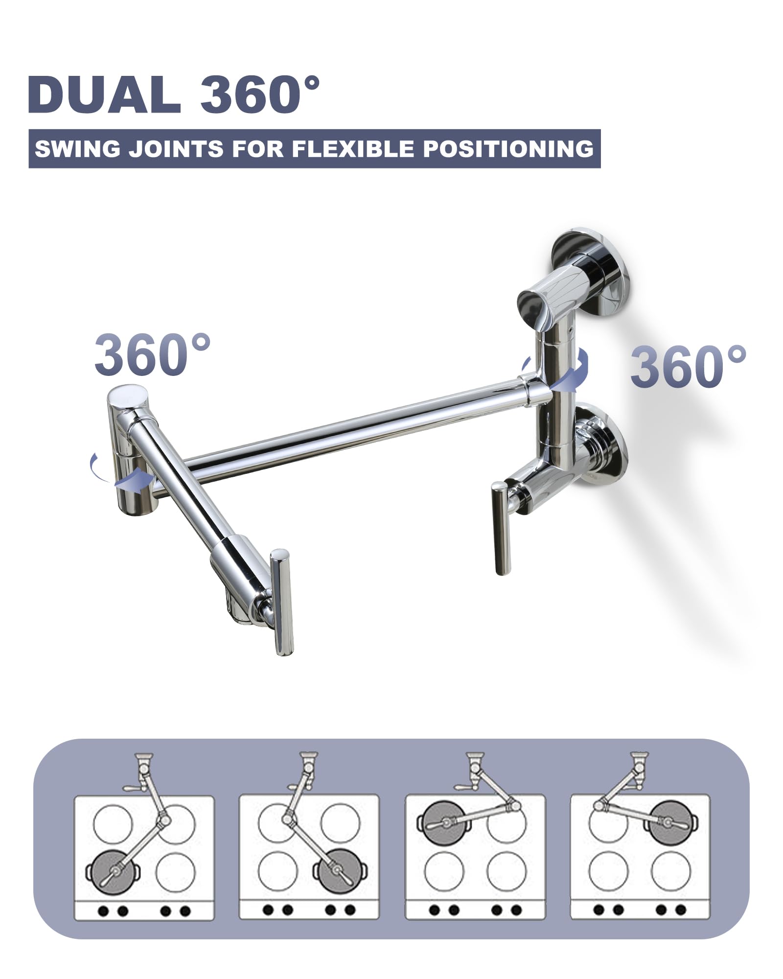 WOWOW Chrome Pot Filler Faucet - Single Hole Wall Mount Stove Faucet with Brass Construction & Double Joint Swing Arms - Perfect for Kitchen, Restaurant & Outdoor Cooking Areas