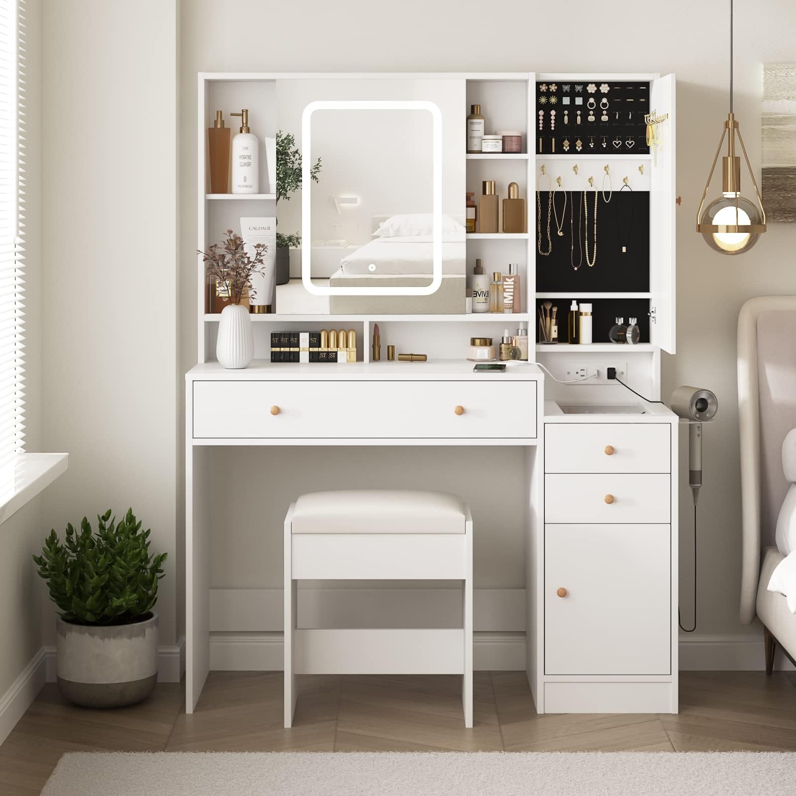 White Vanity Desk with Mirror & LED Lights - Makeup Vanity Table with 3 Drawers, Storage Cabinets, Charging Station & Sliding Door - Perfect for Bedroom, Dressing Room & Home Office Organization