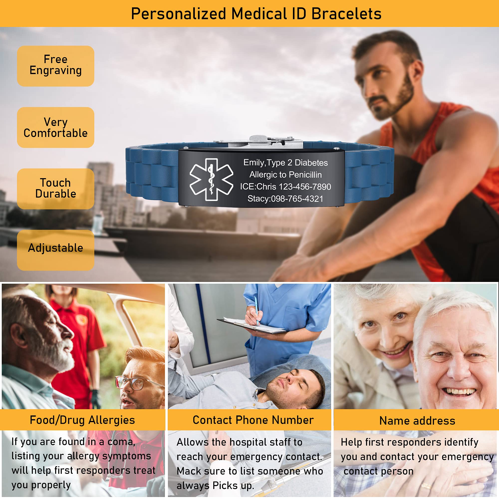 VNOX Adjustable Stainless Steel Medical Alert Bracelet for Men, Women & Kids - Free Engraving Emergency ID Wristband | Perfect for Diabetes, Allergies & Heart Conditions