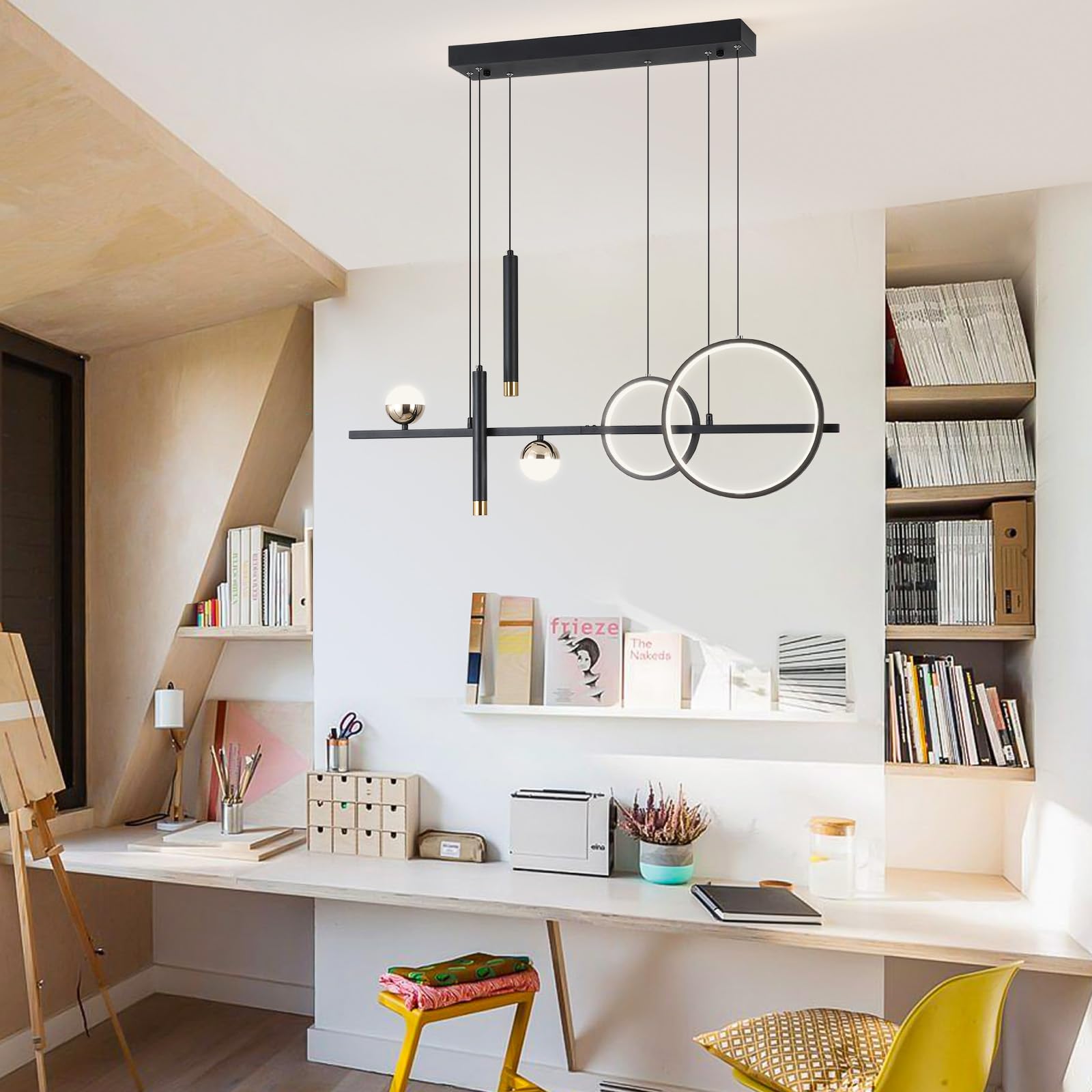Modern LED Chandelier for Dining Room - Dimmable Black Gold Kitchen Island Pendant Light, Linear Ring Globe Ceiling Fixture | Perfect for Contemporary Home Decor, Restaurant Lighting & Open Concept Spaces