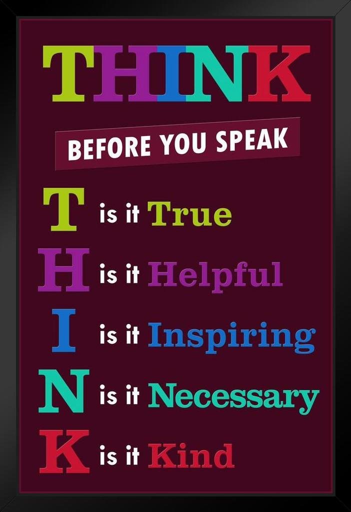 Think Before You Speak - Motivational Classroom Wall Art for Teachers | Inspirational Educational Rules Poster 14x20 Inch | Wood Framed School Decor for Elementary Kids & Toddlers (Purple/Black) | Perfect for Classrooms, Homeschooling & Learning Spaces
