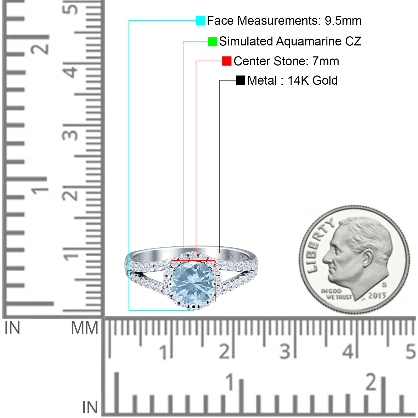 14K White Gold Art Deco Round Aquamarine CZ Halo Split Shank Ring for Women - Elegant Vintage Inspired Bridal Jewelry, Anniversary Gift, Engagement Ring Alternative, Perfect for Weddings & Special Occasions