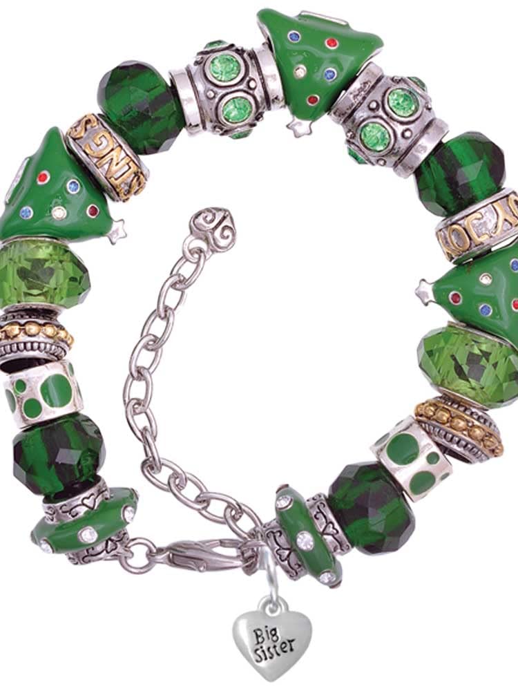 Delight Jewelry Silvertone Mini Big/Little Sister Heart Green Christmas Bead Bracelet - 7