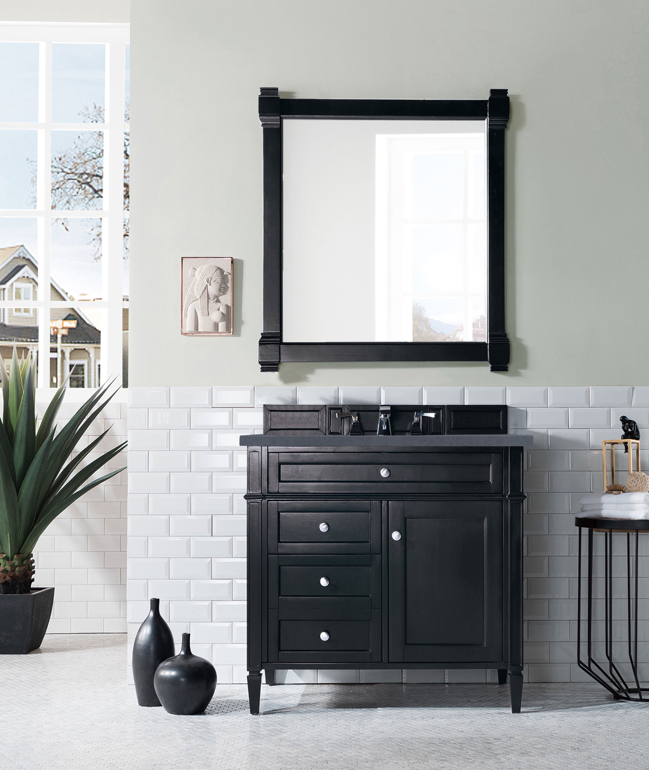 Brittany 36-Inch Black Onyx Bathroom Vanity with 3CM Charcoal Soapstone Quartz Countertop - Modern Single Sink Vanity for Master Bathroom & Powder Room Remodel