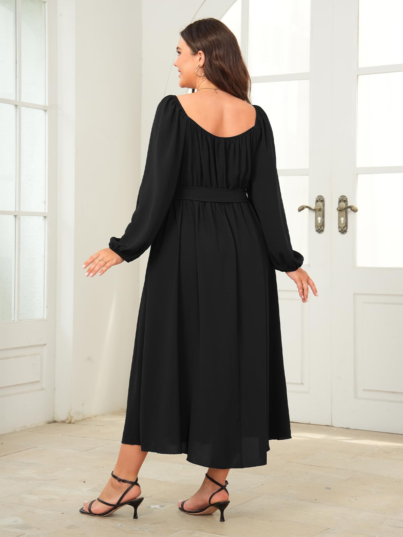 SCOMCHIC Women's Plus Size Maxi Dress - Long Sleeve Square Neck Elegant Cocktail Dress with Belt, Flowy A-Line Design for Wedding Guest, Party & Special Occasions