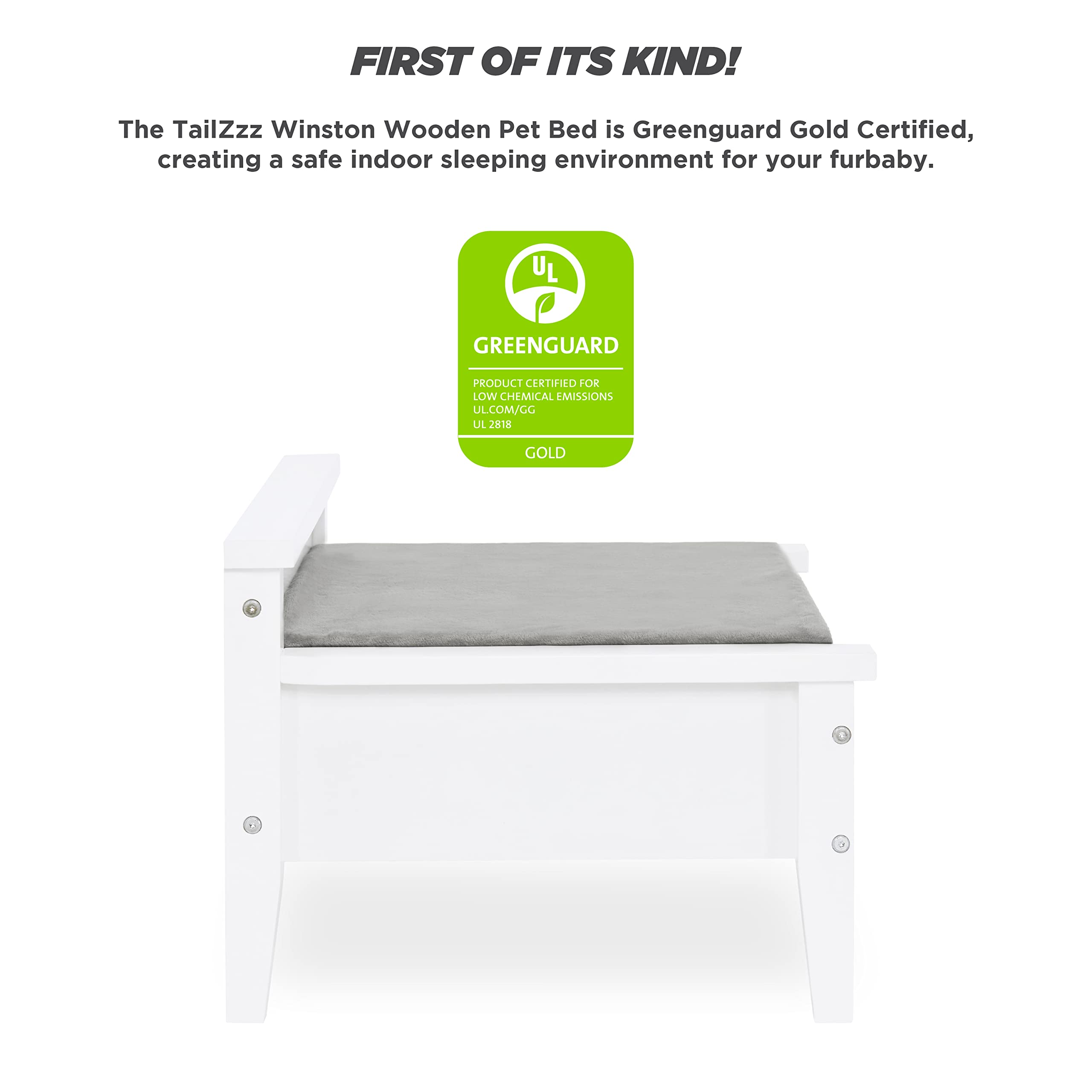 Elevated Wooden Dog Bed for Small to Medium Pets - Water-Resistant Calming Mattress, Greenguard Gold Certified Modern Dog Couch (Winston, White) - Perfect for Indoor Use in Living Room or Bedroom