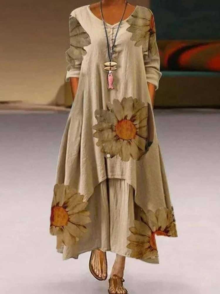 Boho Linen Long Sleeve Maxi Dress with Irregular Hem & Floral Print - Flowy Summer Dress for Women | Perfect for Beach Vacations, Music Festivals & Boho Chic Outfits