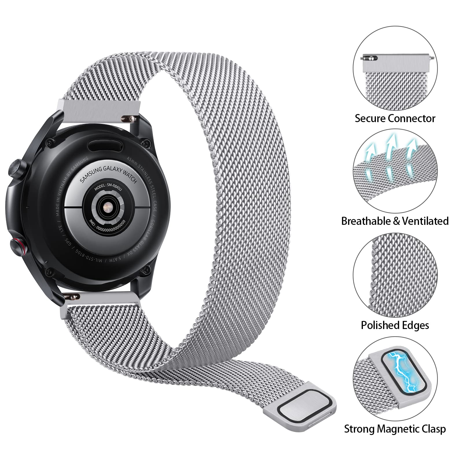 Samsung Galaxy Watch 4/5/6 Metal Strap - 20mm Adjustable Band for Men & Women | Gym & Office Wear (Silver)