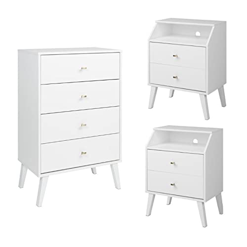 White Home Square 3-Piece Bedroom Set - 2 Nightstands with Storage Cubby & 4-Drawer Dresser | Modern Bedside Tables and Chest for Master Bedroom or Guest Room