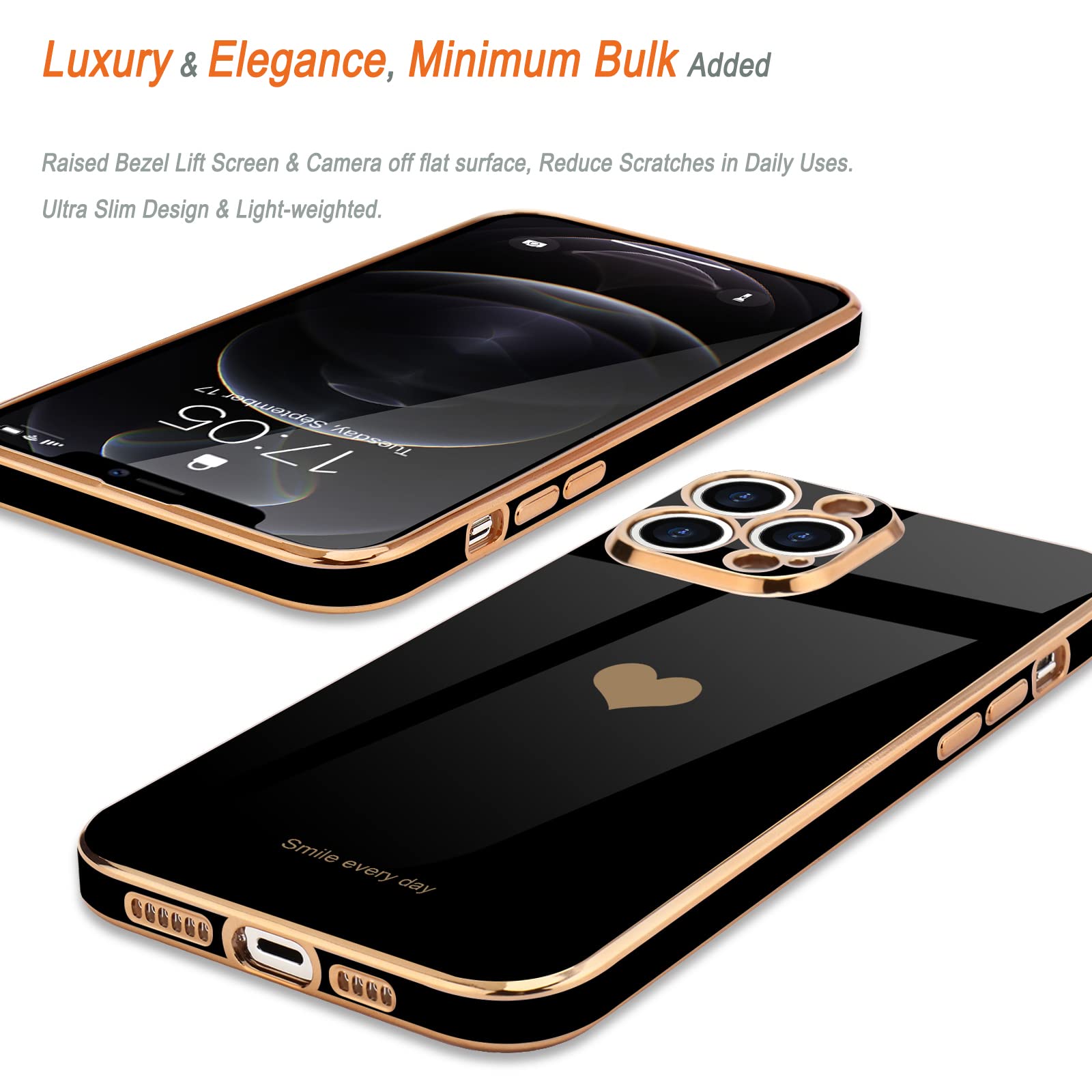 Teageo Luxury Bling Plating iPhone 12 Pro Case - Cute Love Heart Design, Soft Silicone Shockproof Cover with Raised Camera Protection for Women & Girls (Black) - Perfect for Daily Use, Parties & Gift Giving