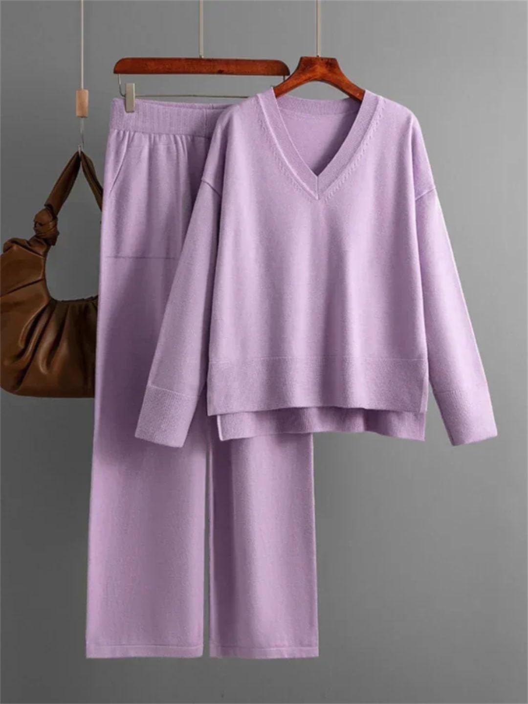 Women's Knitted Sweater 2-Piece Set - Winter Warm V-Neck Pullover & Straight Leg Jogging Pants Outfit | Cozy Lounge Wear for Home, Office & Casual Outings