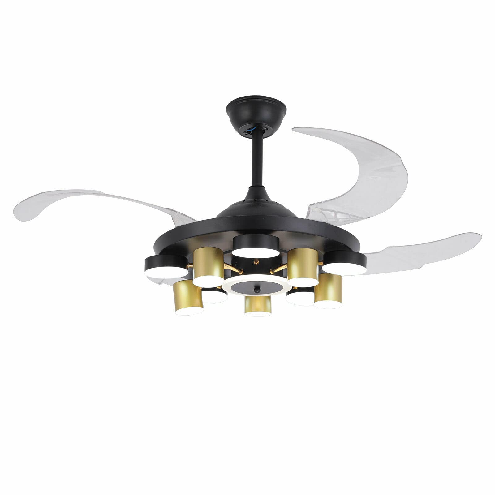 42 Inch Smart Ceiling Fan with LED Light, Remote Control, 10 Lamps & 4 Retractable Blades - Silent DC Motor, 3-Color Dimmable Chandelier Fan, Height Adjustable for Living Room, Bedroom & Patio (Black & Gold)