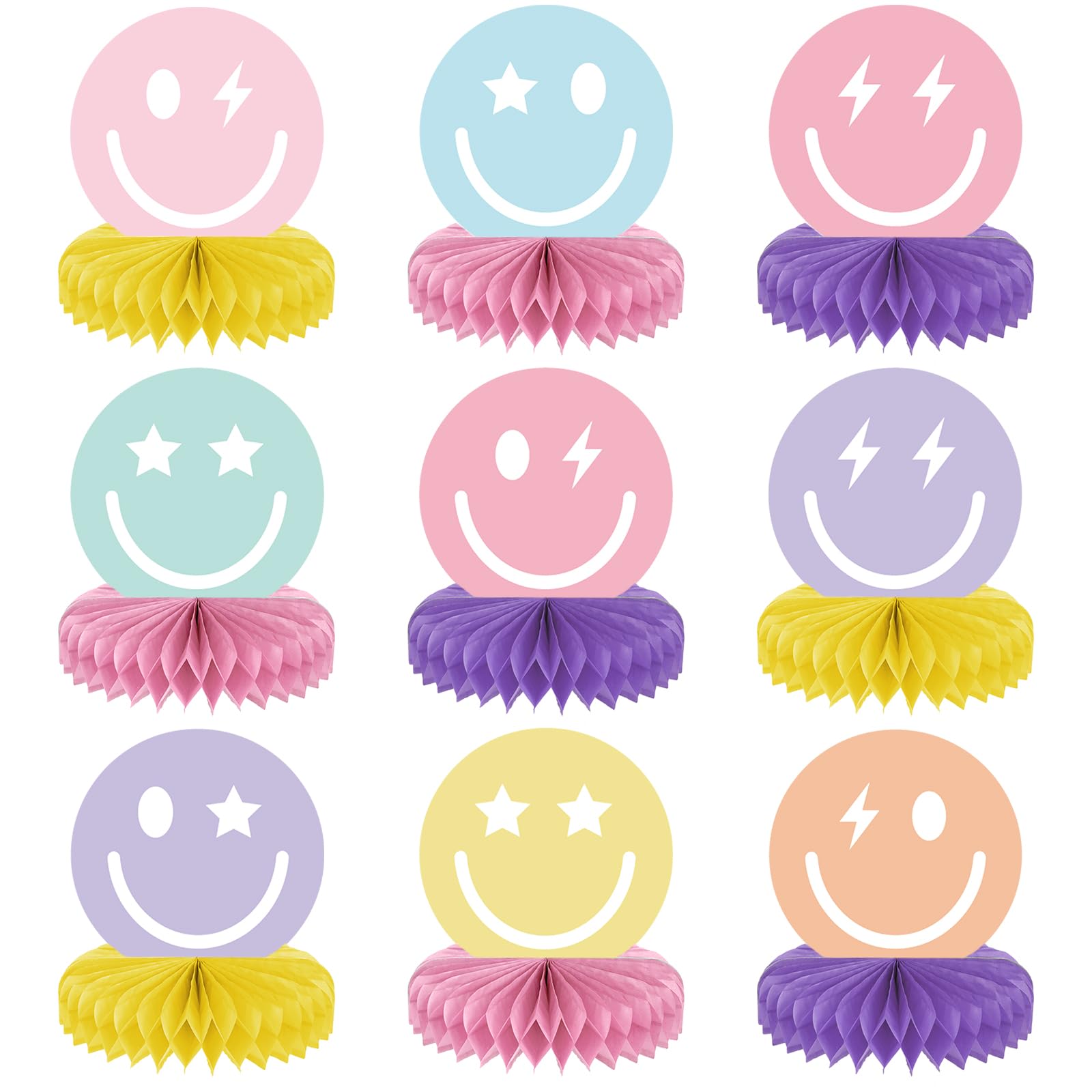 9PCS Smile Face Honeycomb Party Decorations - Pastel Happy Birthday Party Supplies, Rainbow Themed Bachelorette Decor for Baby Shower, Wedding & Birthday Celebrations - Perfect for Wall Decor, Table Centerpieces & Party Favors