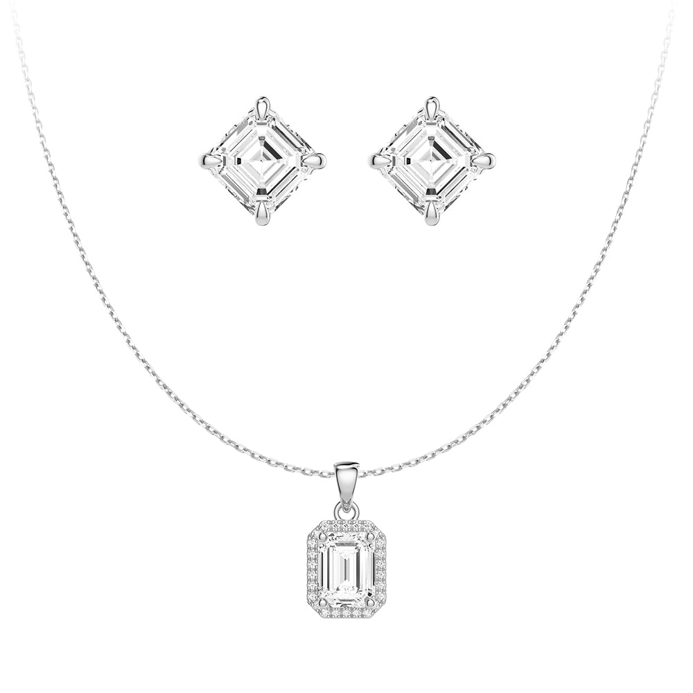 Emerald Cut Diamond Pendant & Asscher Cut Moissanite Stud Earrings Set - Luxury Jewelry Gift for Women - Perfect for Weddings, Anniversaries & Special Occasions
