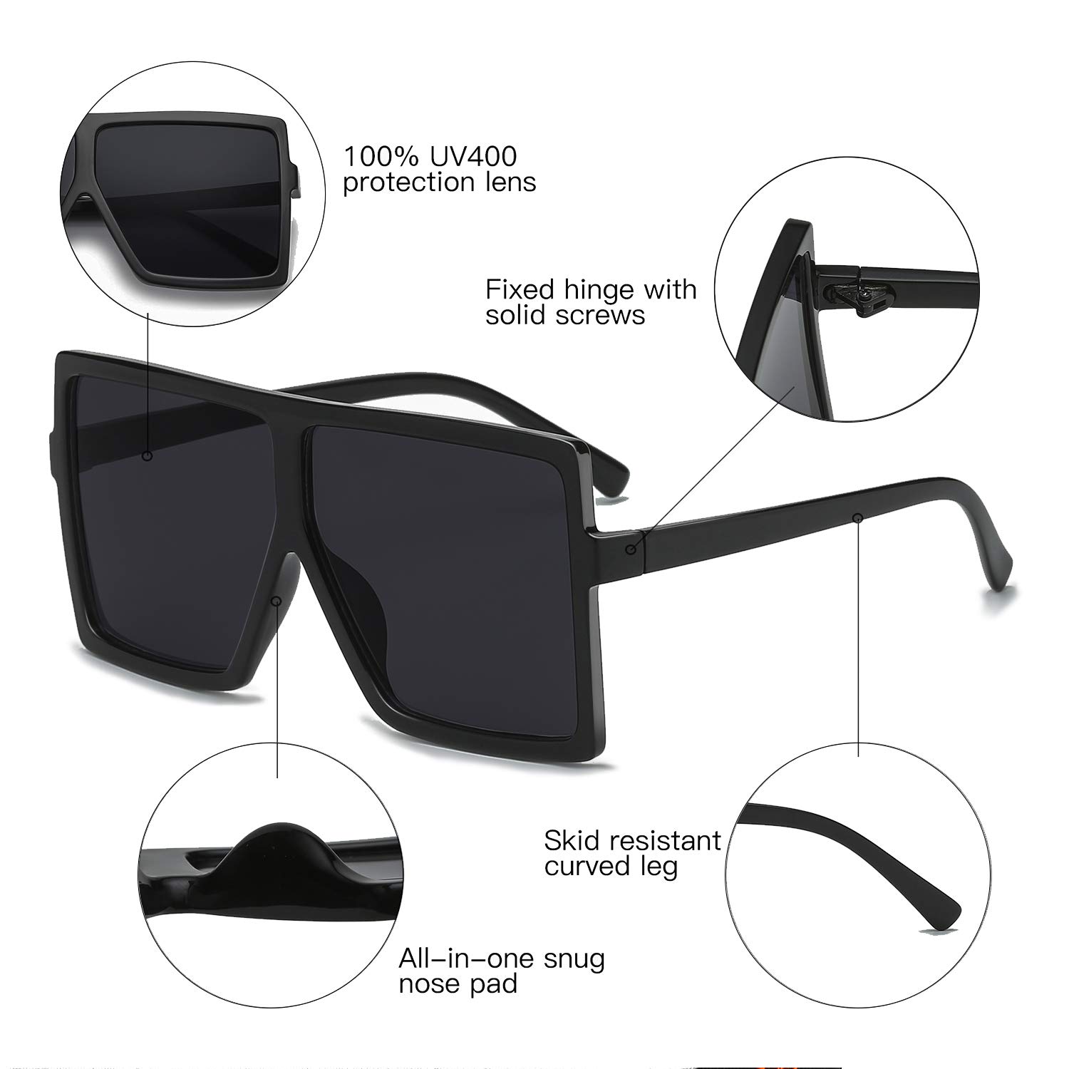 GRFISIA Square Oversized Sunglasses for Women & Men - UV Protection Flat Top Fashion Shades for Driving, Beach & Outdoor Activities