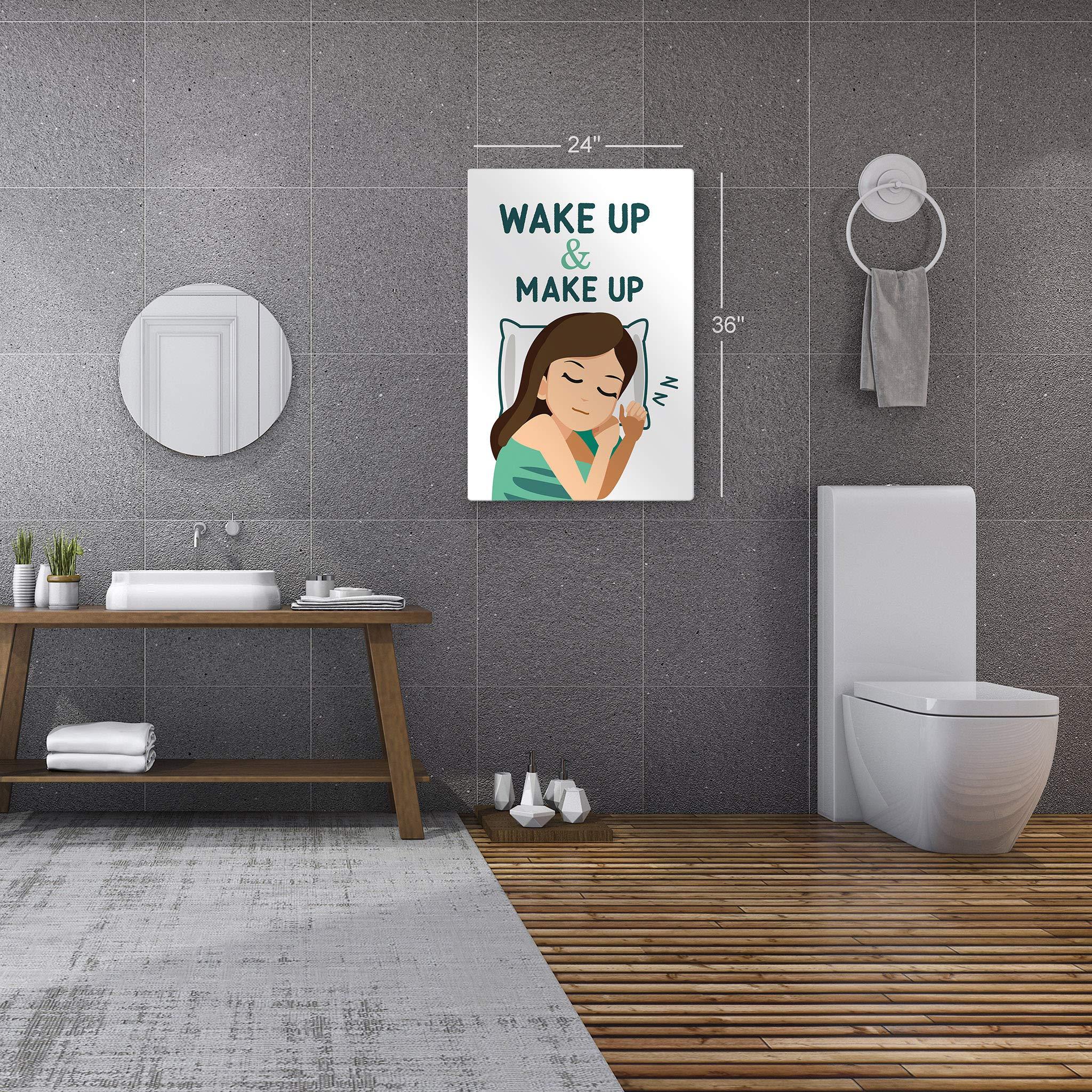Funny Wake Up Make Up Bathroom Sign - Cute Metal Print Wall Art for Bathroom & Nursery Decor - Ready to Hang Home Decoration (36x24 Inches) - Perfect for Powder Rooms, Guest Bathrooms & Kids' Spaces - Made in USA