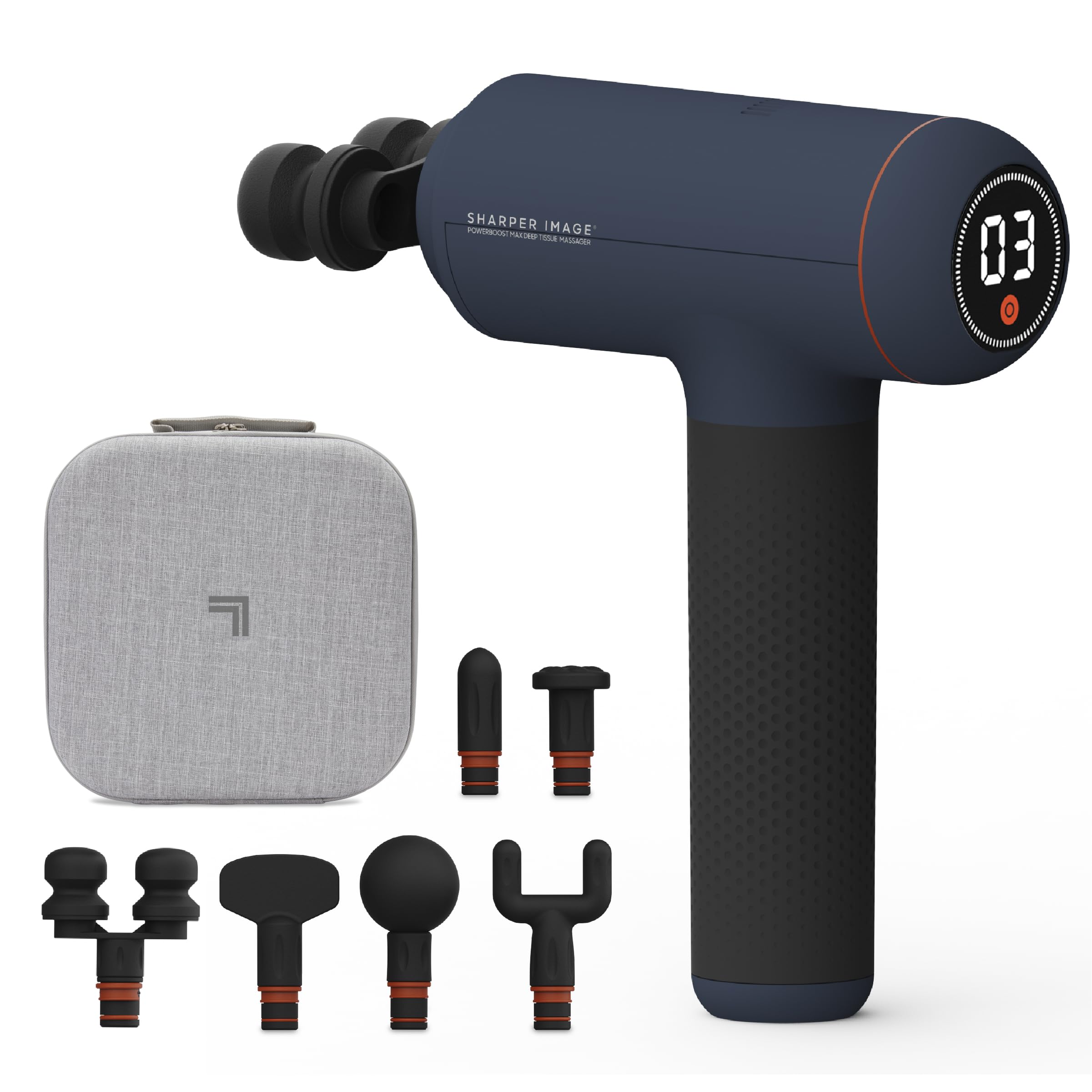 Sharper Image Powerboost Max Deep Tissue Massage Gun - 6 Attachments, 7 Speed Levels, Ultra Quiet Percussion Massager for Back, Shoulder, Leg & Full Body Pain Relief | Handheld Muscle Recovery Tool for Athletes, Post-Workout, Office Workers & Home Use