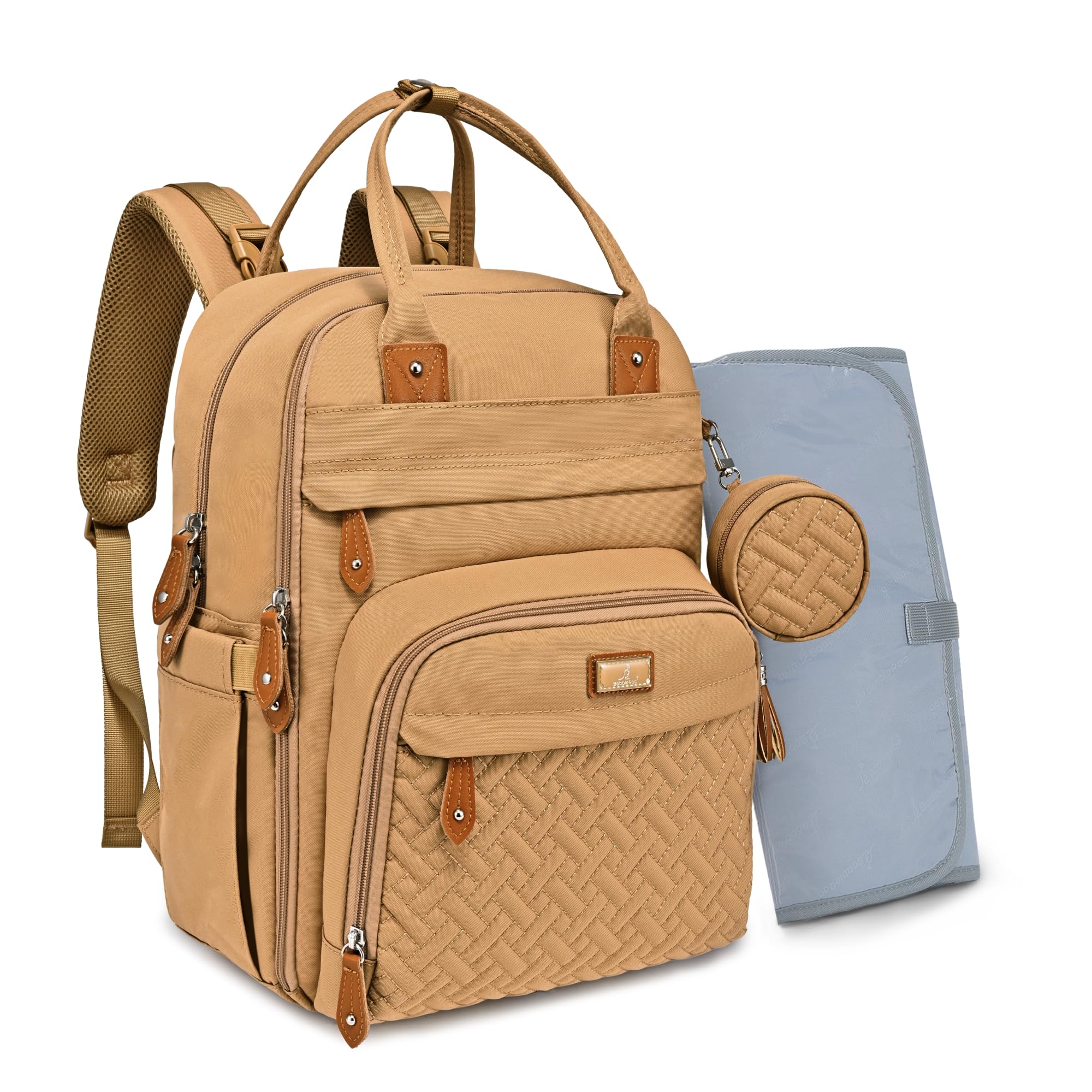 BabbleRoo Waterproof Diaper Backpack - Multifunctional Baby Travel Bag with Changing Pad, Stroller Straps & Pacifier Case | Unisex Beige Diaper Tote for Parents | Perfect for Daycare, Travel & On-the-Go Parenting