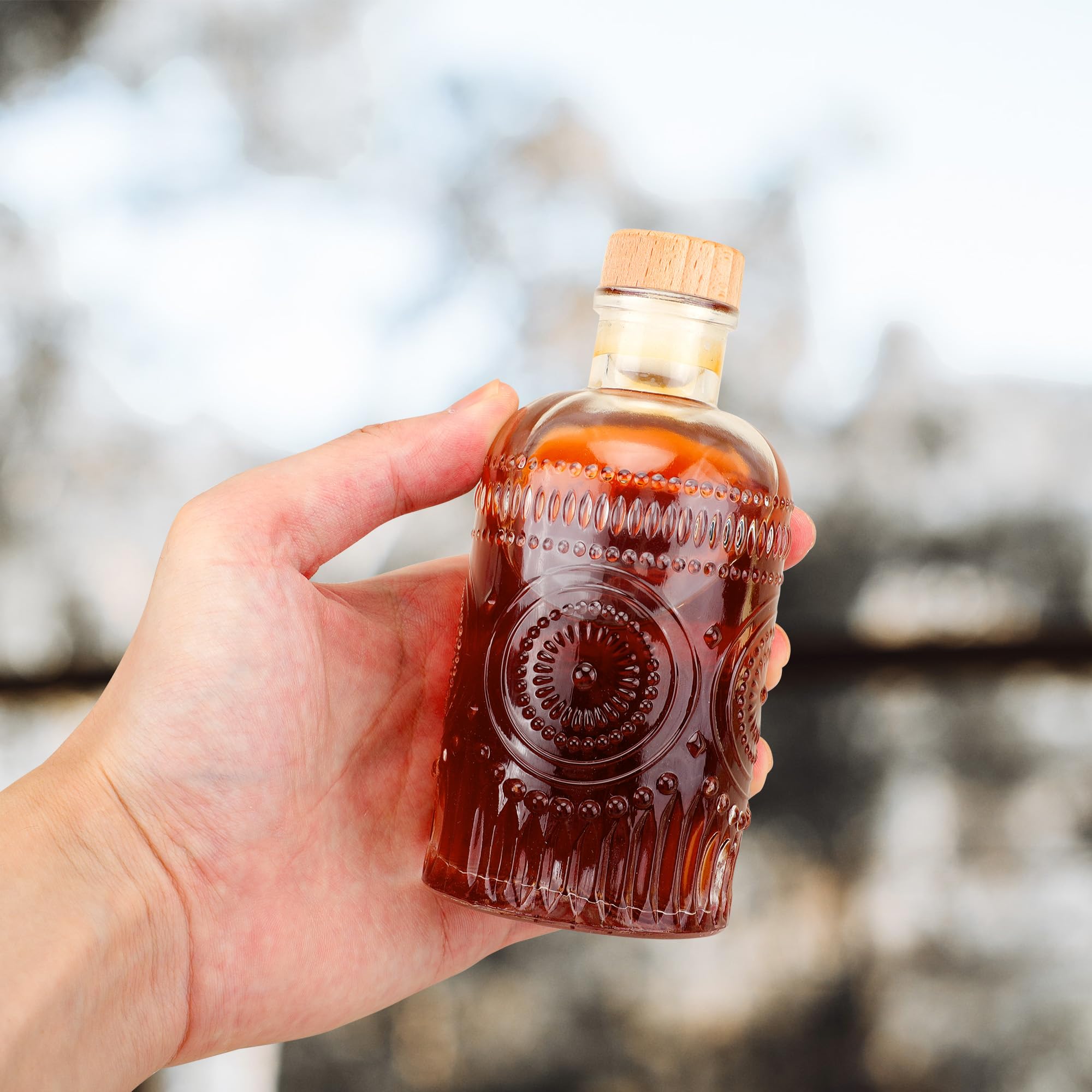 6 oz Clear Glass Bottles with T-Top Cap [Pack of 6] - 200ml Heavy Base Bottles for Wine, Beverages, Oil, Vinegar, Kombucha, Beer, Water & Soda - Airtight Cork Stopper & Sunflower Design - Perfect for Home Brewing, DIY Drinks, Gift Packaging & Kitchen Storage