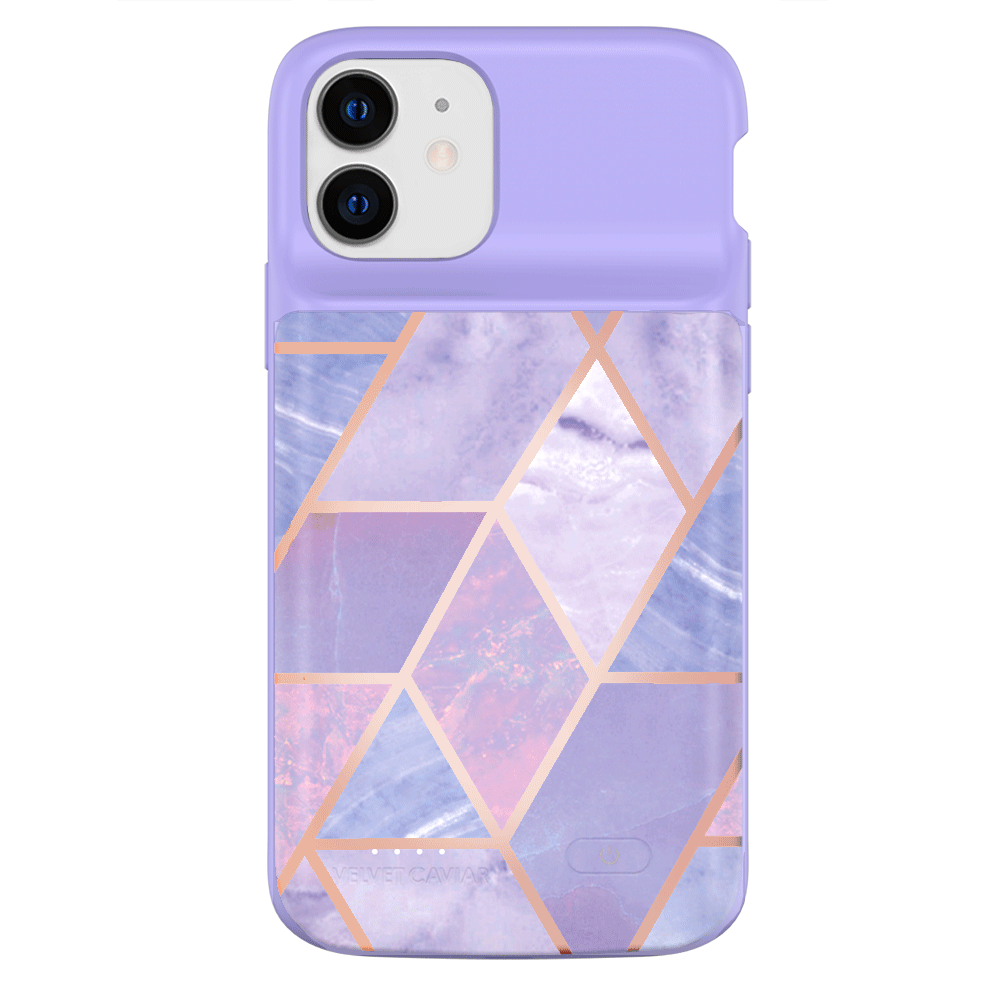 Geometric Pattern Purple iPhone Charging Case - Durable Protective Cover with Built-in Battery for iPhone 12/13/14/15 - Perfect for Travel, Work & Everyday Use