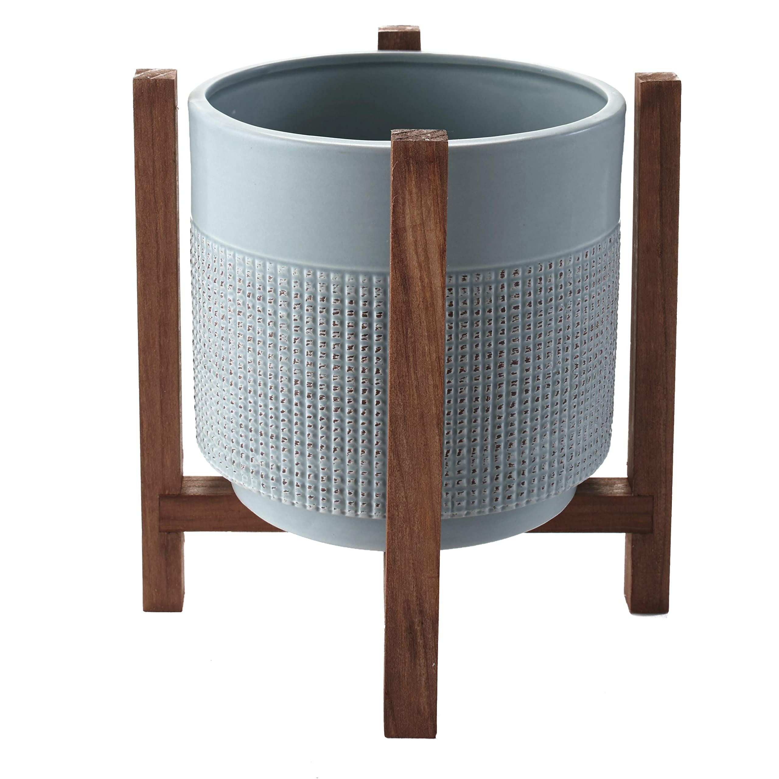 ShadweaY Ceramic Planter with Wood Stand - Indoor/Outdoor Decorative Flower Pot for Succulents, Herbs & Houseplants | Perfect for Home, Office, Patio & Garden Decor