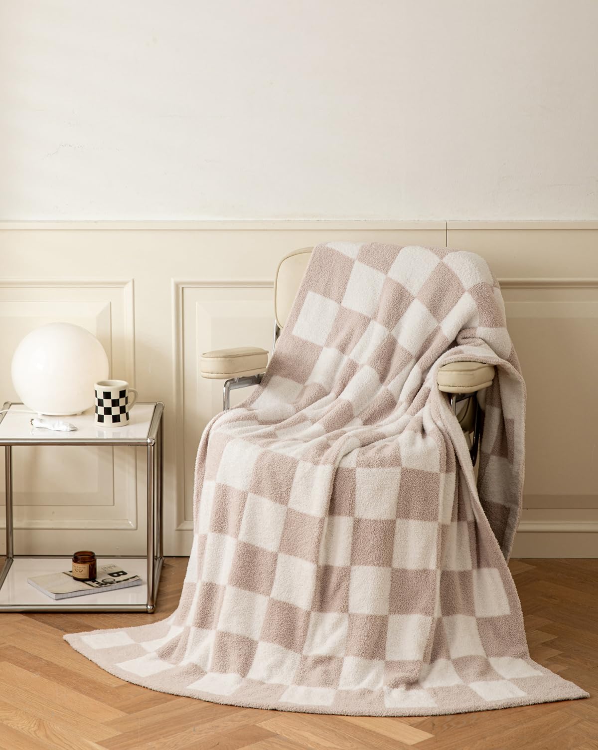 Ultra Soft Cozy Buffalo Check Plaid Microfiber Knit Lightweight Fleece Blanket - Twin Size 60x80 Inches - Perfect for Bed, Sofa, Couch & Travel - Cream Color