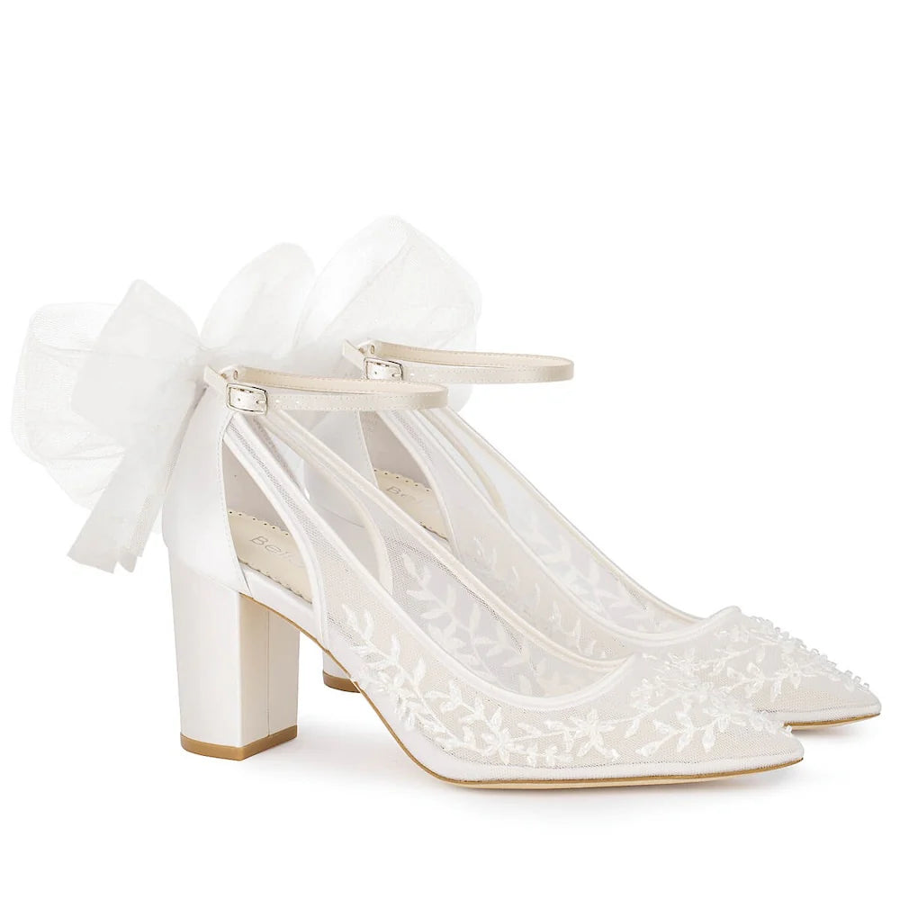 Easton Women's Slingback Block Heel Wedding Shoes with Tulle Bow - Comfortable Bridal Heels for Ceremony, Reception & Special Occasions