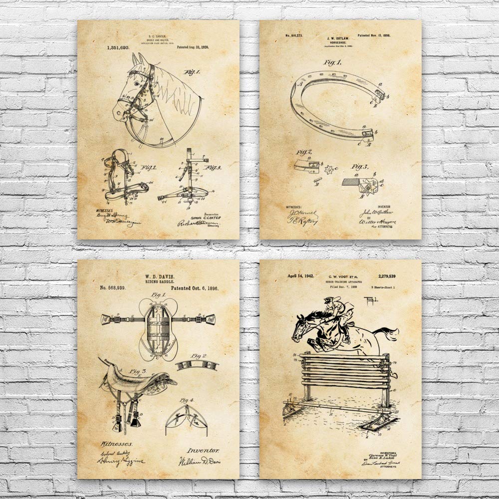 Vintage Horse Riding Patent Posters Set of 4 - 8x10 Inch Equestrian Wall Art Decor, Unique Farmer & Rancher Gifts for Horse Lovers - Perfect for Western Home, Barn, Stable or Ranch Office Decoration