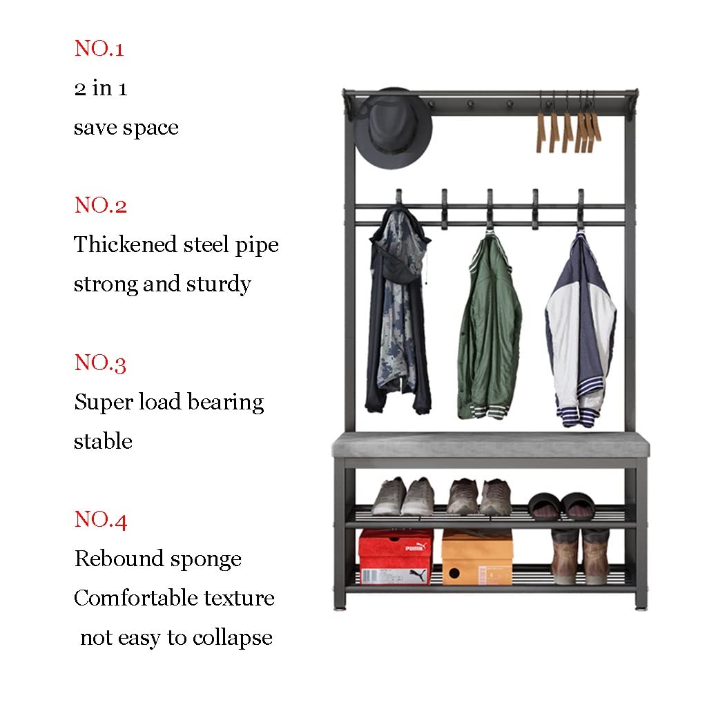 4-in-1 Entryway Storage Bench with Metal Frame - Hall Tree Shoe Bench & Coat Rack (5 Double Hooks, 39.37‘’ Tall) for Small Space Organization - Perfect for Mudroom, Foyer & Apartment Entry (White Grey, 100x33x170cm)