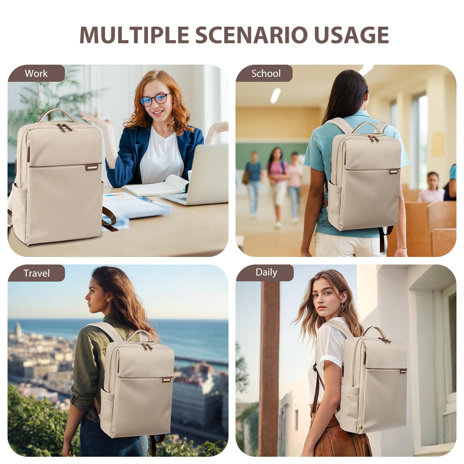 Stylish Waterproof Laptop Backpack for Women - 16 Inch Business Travel Backpack with Dedicated Laptop Compartment - Perfect for Work, College & Daily Commute - Apricot Color