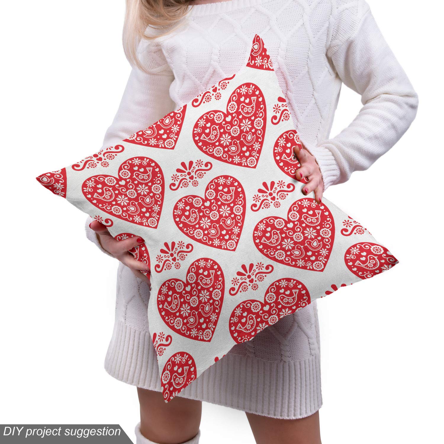 Ambesonne Norwegian Valentine's Day Fabric by The Yard - Heart, Floral & Bird Print Decorative Upholstery Material for Sofa, Curtains & Home Decor (10 Yards, Vermilion/White) - Perfect for Romantic Bedroom & Living Room Accents