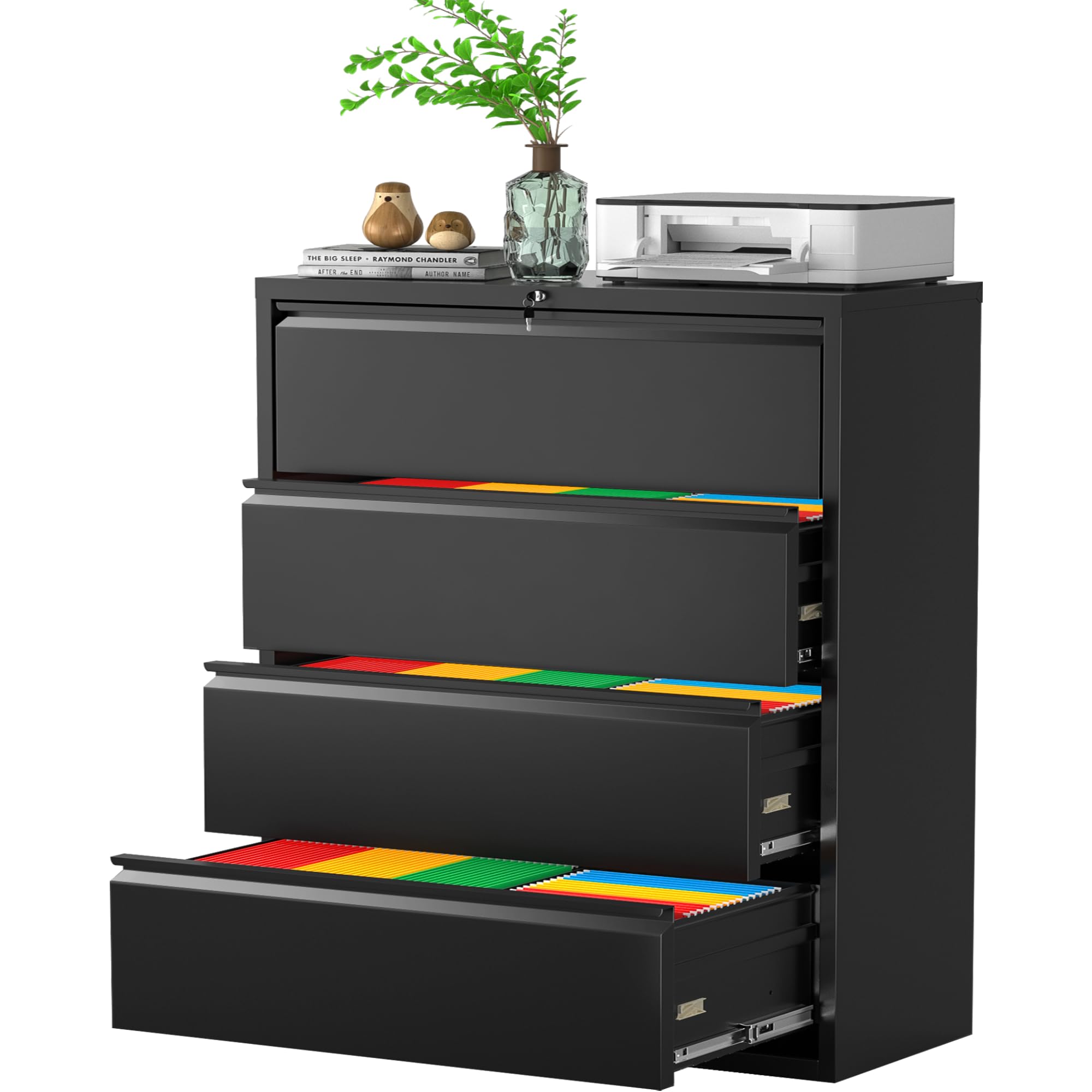 Greenvelly 4-Drawer Lockable Metal Filing Cabinet for Home Office - Black Letter/Legal/A4/F4 Size File Cabinet with Hanging Bars & Key - Perfect for Document Organization in Small Offices, Home Workspaces, and Professional Settings